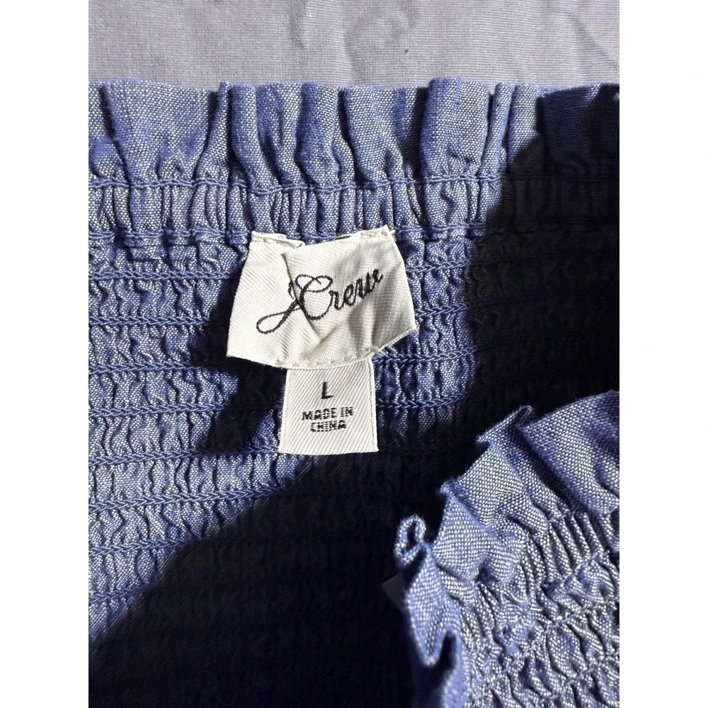 J. Crew Smocked Off-the-Shoulder Top Women L Blue NEW Chambray Puff Sleeve BG075